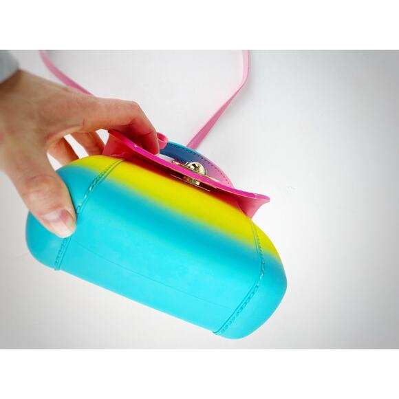 Small Rainbow Jelly Crossbody Purse - Rubber Unicorn Gold Clasp Expandable - Picture 5 of 6